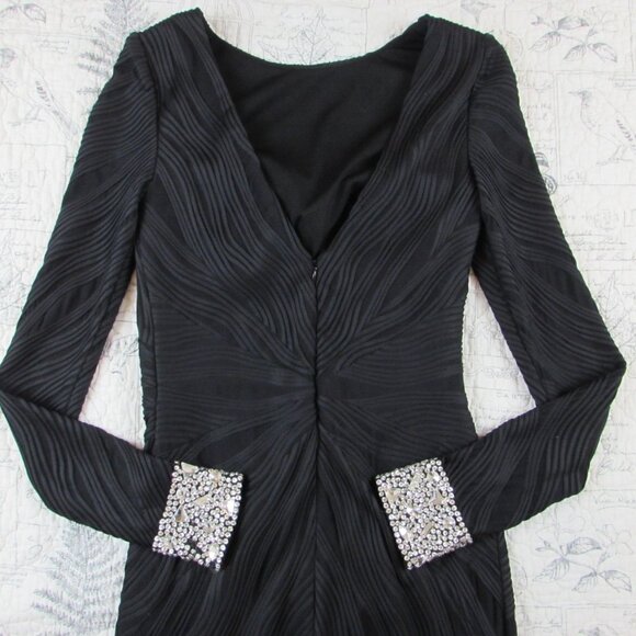 EUC $595 Jovani Black Textured Long Slv fitted sheath Midi Dress beaded cuff 4 - Picture 12 of 14